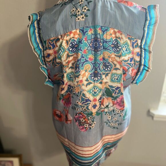 Johnny Was Ophelia Silk Striped Printed Flowy Oversized Blue Blouse Size S - Picture 13 of 14